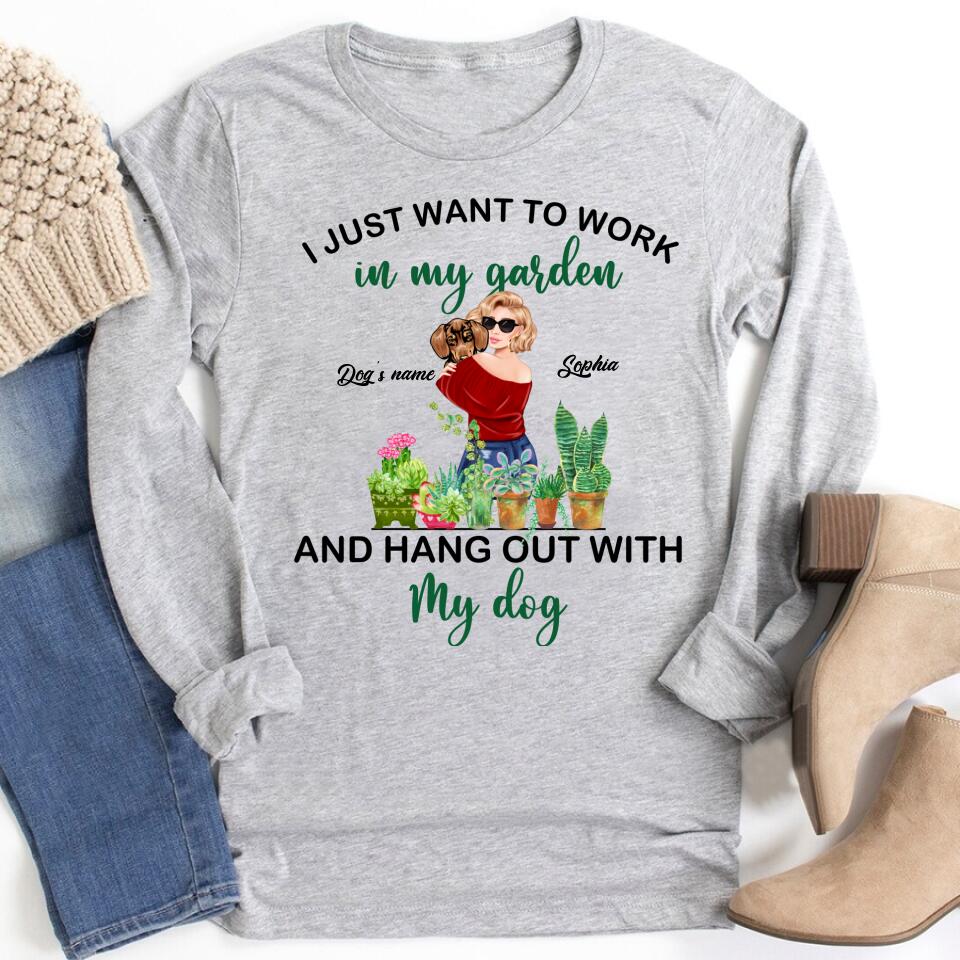 Garden tshirt, Funny Gardening t shirts, t shirt I just want to work in my garden, Gift For Gardeners, Plant Lovers, I just want to work in my garden and hang out with my dog