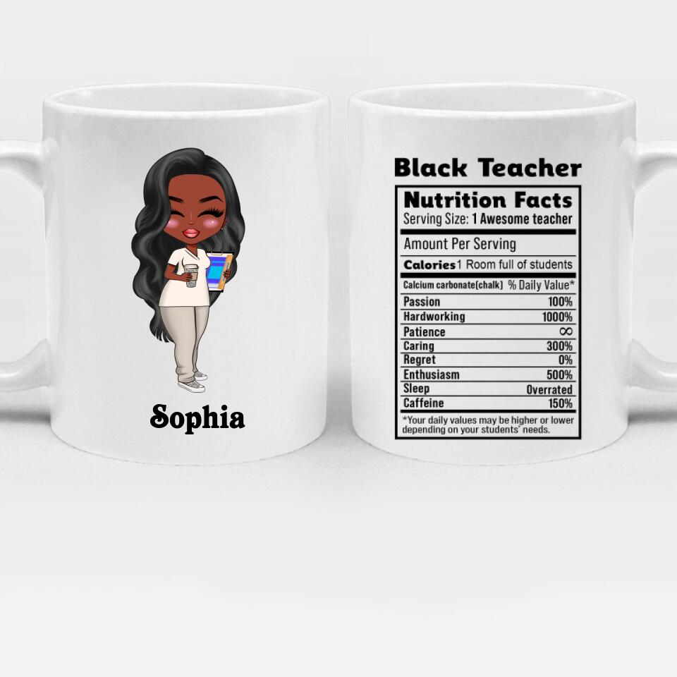 Black Teacher Nutrition Facts Mug, Caring-Hardworking-Passion-Caffeine Black Teacher Mug, Black Teacher Appreciation Day White Mug, Black Teacher Gift