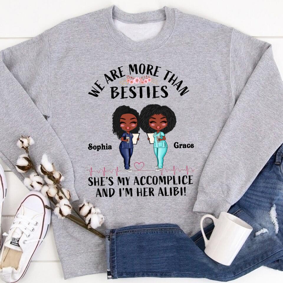 She's My Accomplice And I'm Her Alibi - Personalized Shirt - Gift For Besties - Cartoon Nurse