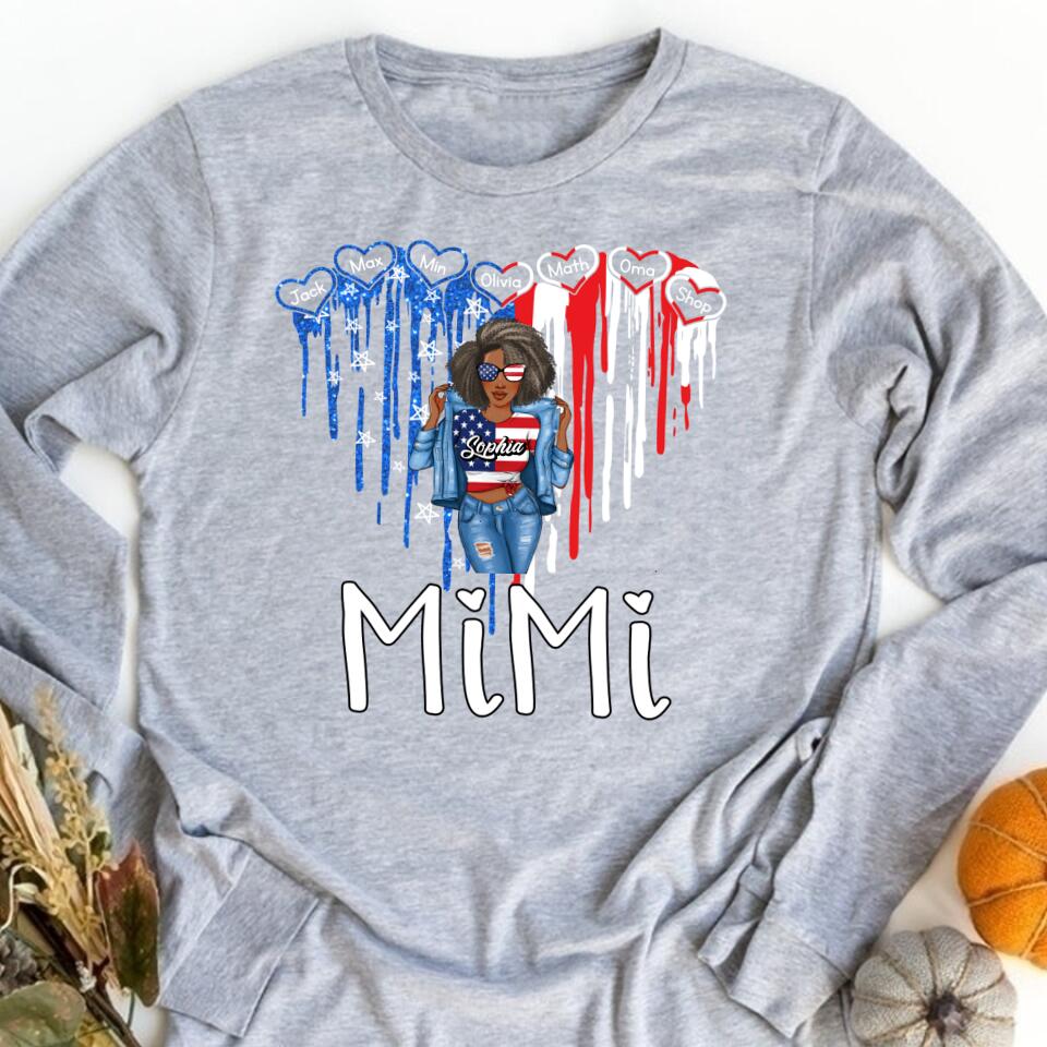 Love Heart Grandma With Grandkids USA Independence Day T-Shirt, Personalized Nana Mimi Grandma With Kids Names Shirt, Love Heart USA Shirt