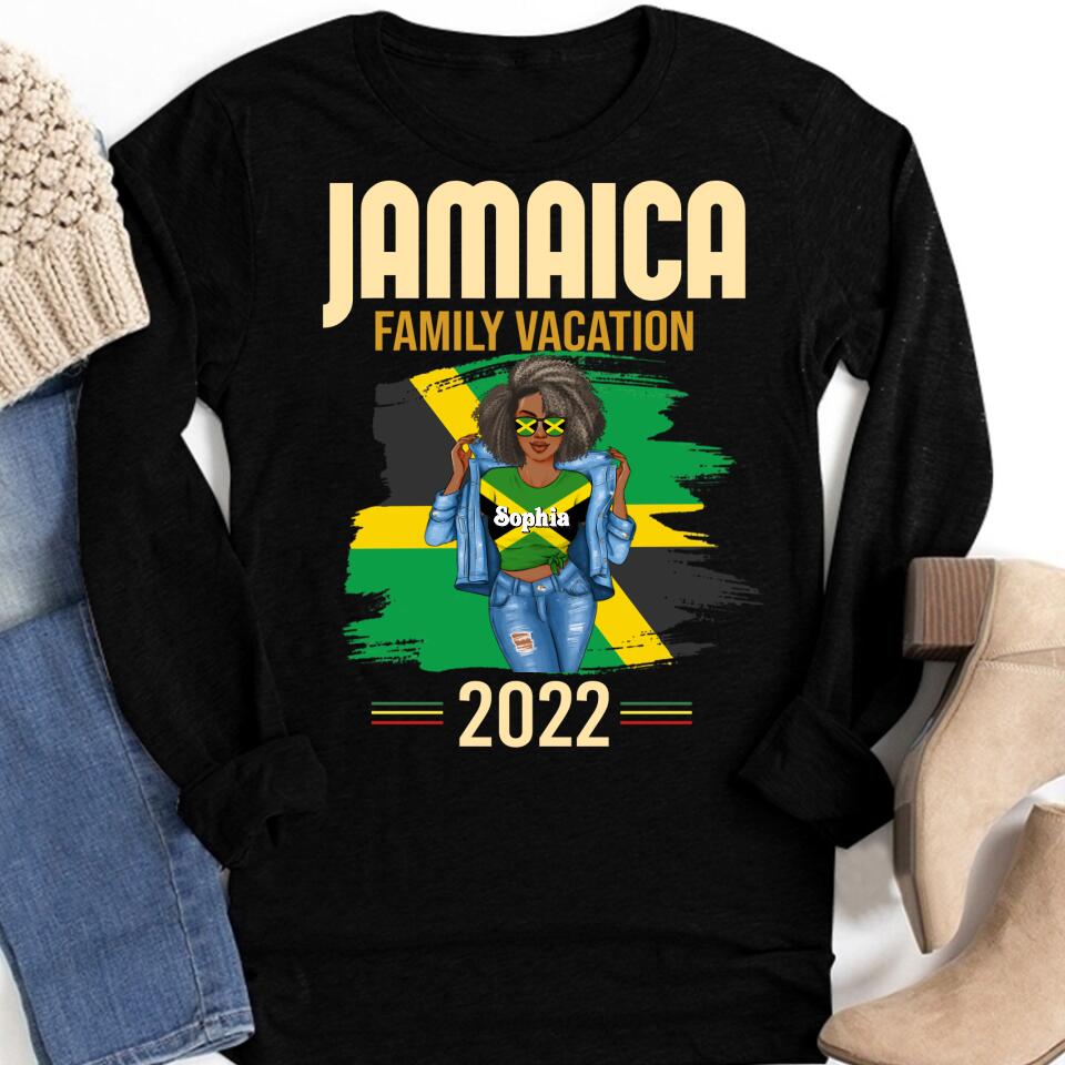 Jamaica Girl Queen Shirt Jamaincan Queen African American Afro Woman Jamaica Flag Gift Jamaica Family Vacation 2022 Jamaican Holiday Caribbean Trip T-Shirt