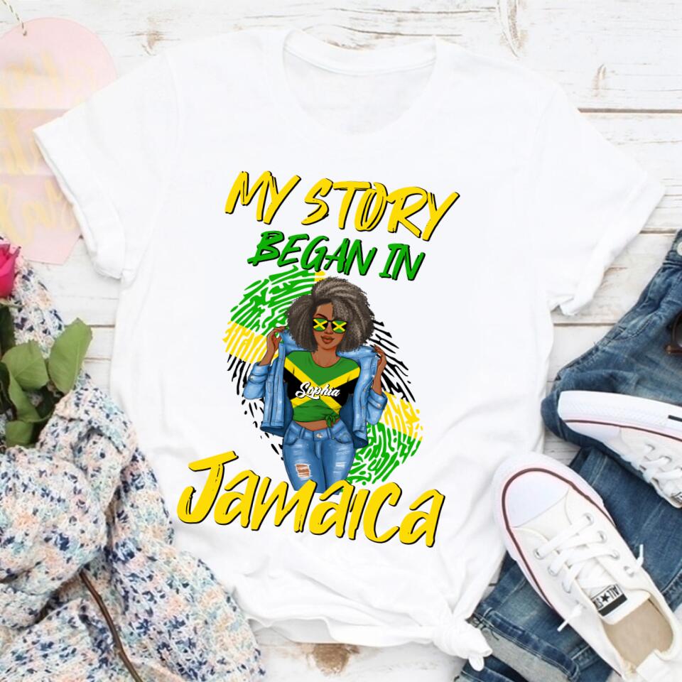 Jamaica Girl Queen Shirt Jamaincan Queen African American Afro Woman Jamaica Flag Gift My Story Began In Jamaica T-shirt