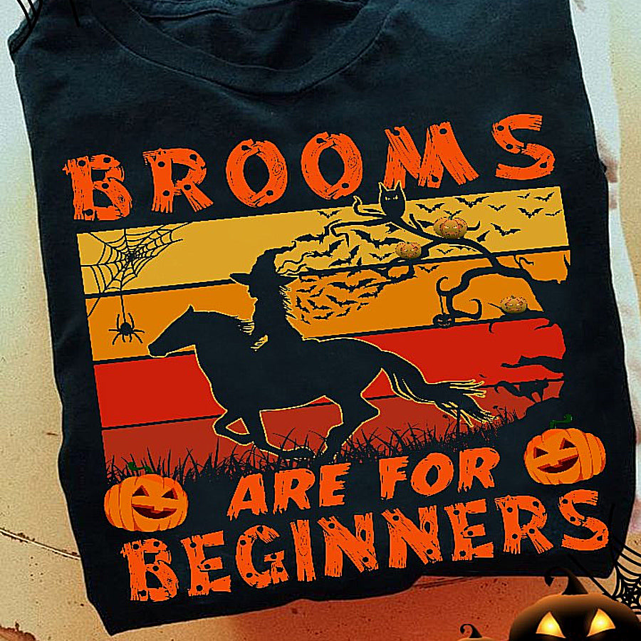 Brooms are for beginners halloween t shirt, Witch shirts, funny Horse shirts, Pumpkin lover Cotton Shirt For Women