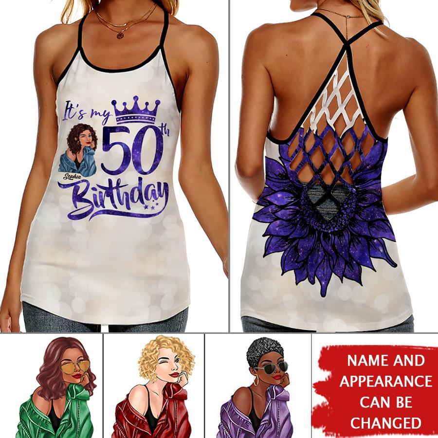 50th Birthday Tank Top, Custom Birthday Tank Top, Turning 50, Gifts For Women Turning 50, 50 And Fabulous , 1972 Tank Top, 50th Birthday Tank Top For Her, All-Over Print Women&#39;s Criss-Cross Open Back Tank Top