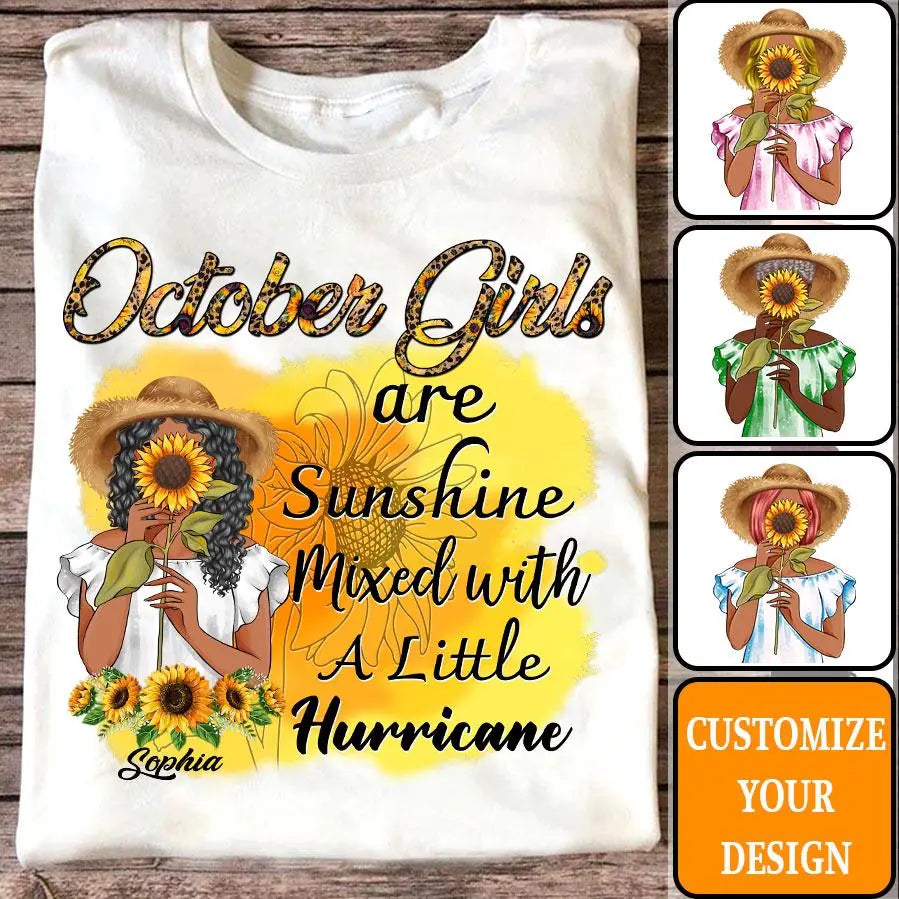 Sunshine Mixed With A Little Hurricane - Personalized shirt - Birthday Gift For Girl, Woman, Hippie, Country Girl - Sunflower Girl. October Birthday Shirt, October Birthday Gifts