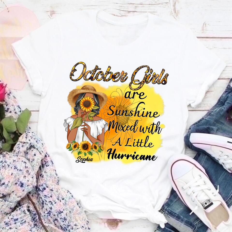 Sunshine Mixed With A Little Hurricane - Personalized shirt - Birthday Gift For Girl, Woman, Hippie, Country Girl - Sunflower Girl. October Birthday Shirt, October Birthday Gifts