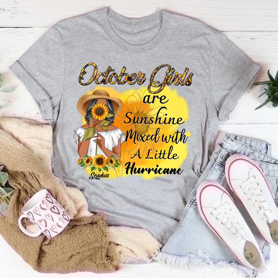 Sunshine Mixed With A Little Hurricane - Personalized shirt - Birthday Gift For Girl, Woman, Hippie, Country Girl - Sunflower Girl. October Birthday Shirt, October Birthday Gifts