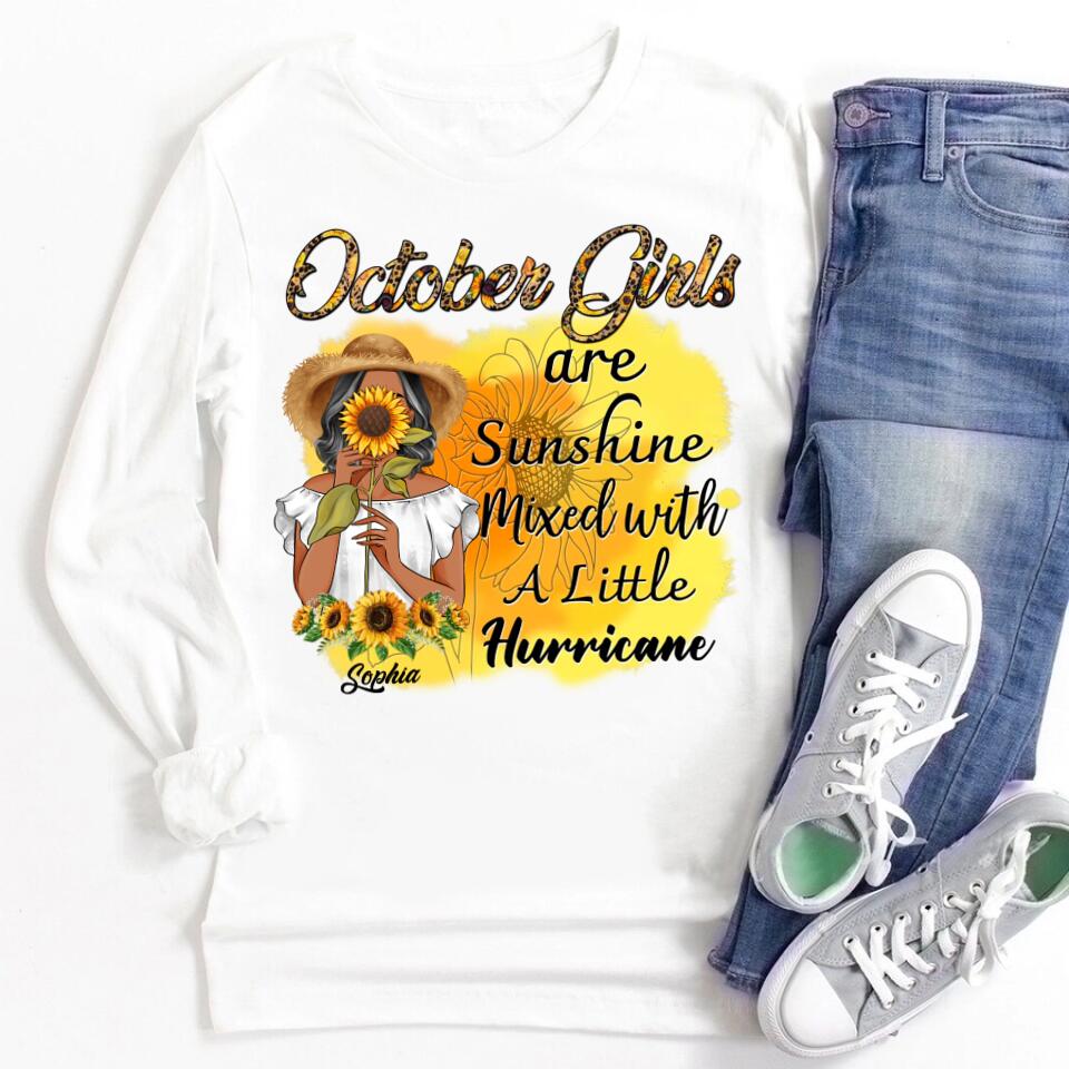Sunshine Mixed With A Little Hurricane - Personalized shirt - Birthday Gift For Girl, Woman, Hippie, Country Girl - Sunflower Girl. October Birthday Shirt, October Birthday Gifts