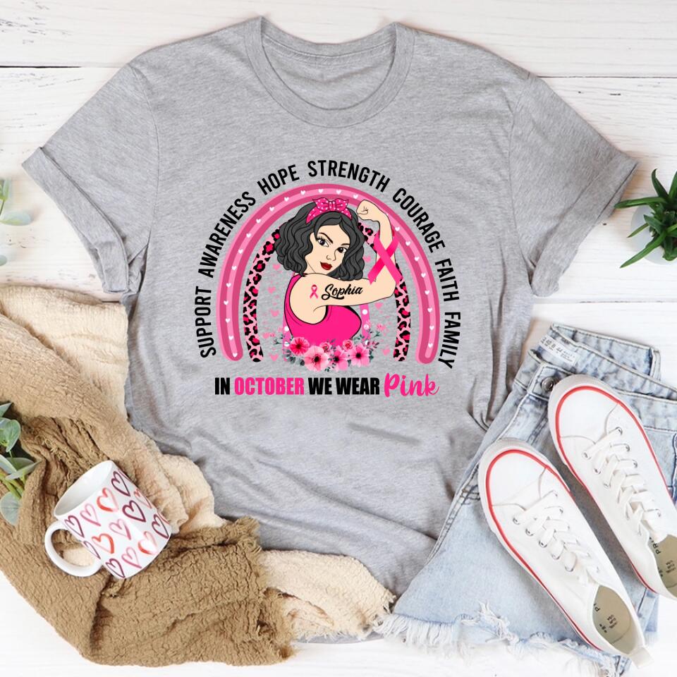 Custom Breast Cancer Shirts Personalized Breast Cancer Shirt Rainbow In October We Wear Pink Breast Cancer Awareness T-Shirt
