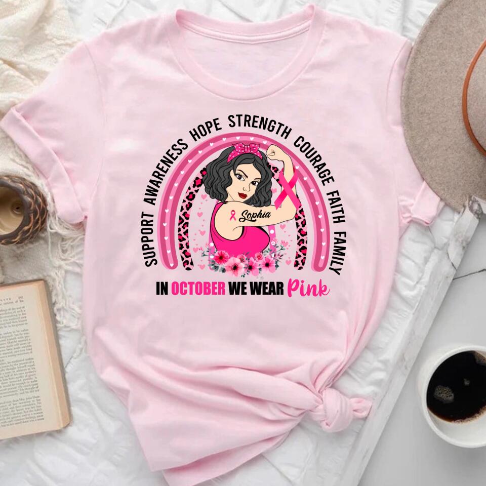 Custom Breast Cancer Shirts Personalized Breast Cancer Shirt Rainbow In October We Wear Pink Breast Cancer Awareness T-Shirt
