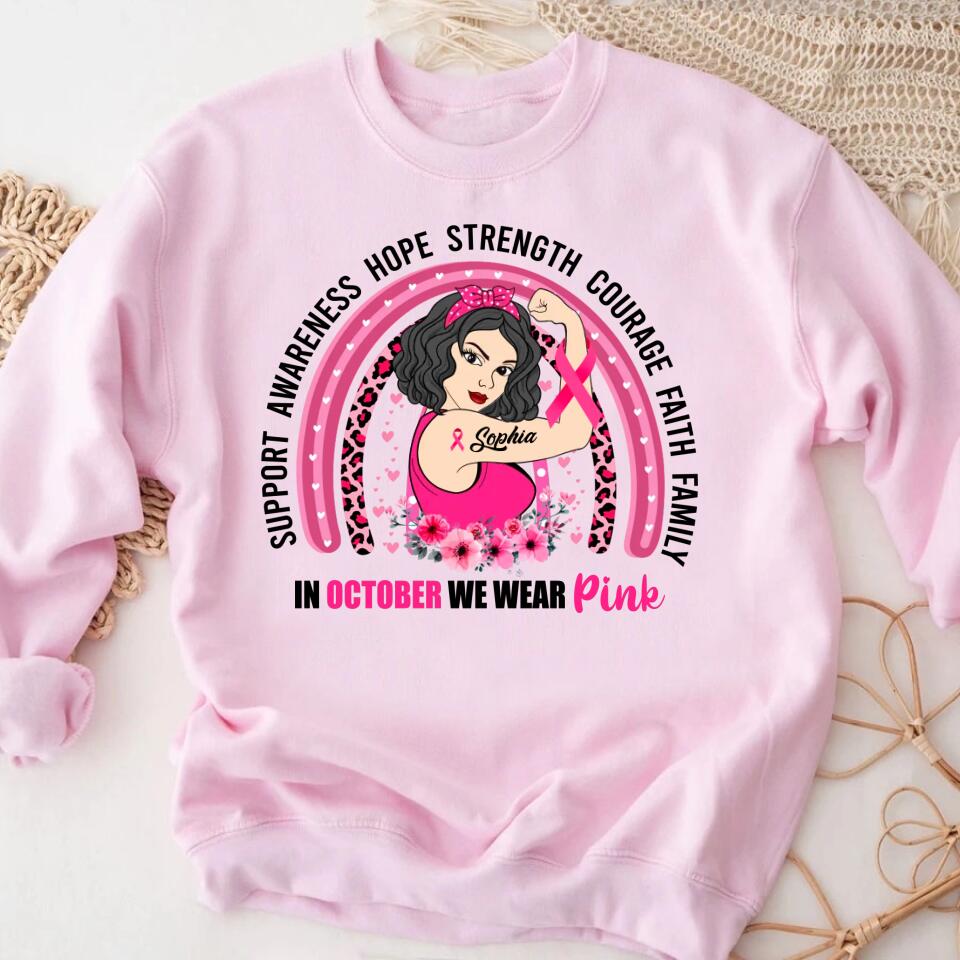 Custom Breast Cancer Shirts Personalized Breast Cancer Shirt Rainbow In October We Wear Pink Breast Cancer Awareness T-Shirt