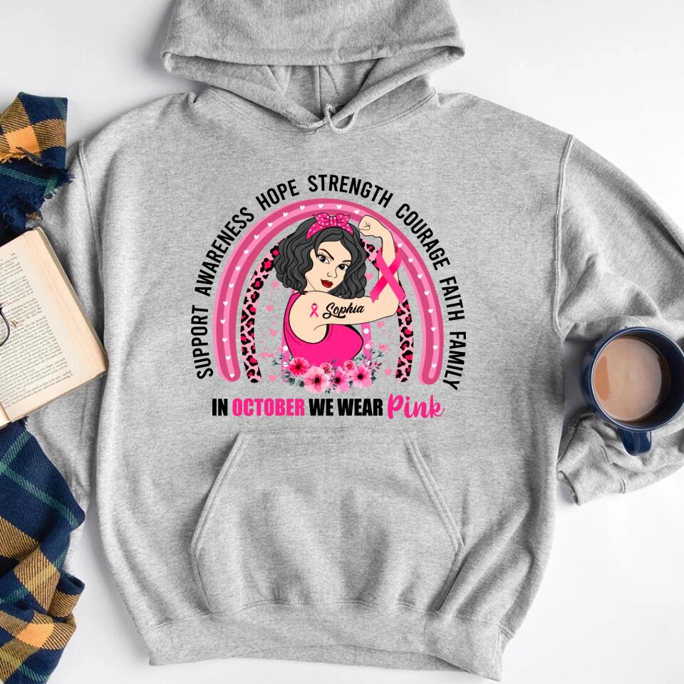 Custom Breast Cancer Shirts Personalized Breast Cancer Shirt Rainbow In October We Wear Pink Breast Cancer Awareness T-Shirt