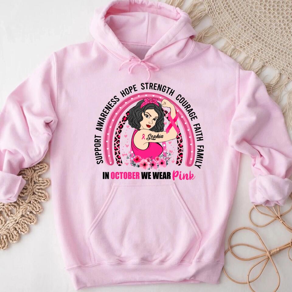 Custom Breast Cancer Shirts Personalized Breast Cancer Shirt Rainbow In October We Wear Pink Breast Cancer Awareness T-Shirt