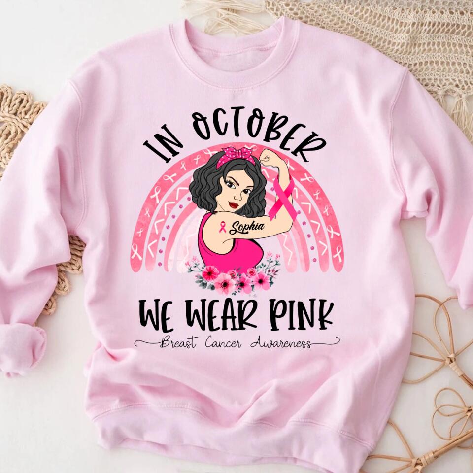 Custom Breast Cancer Shirts for Women Personalized Breast Cancer Shirt Rainbow in October We Wear Pink Breast Cancer Awareness T-Shirt