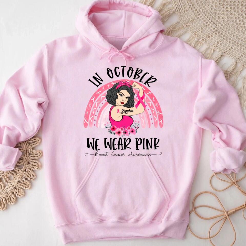 Custom Breast Cancer Shirts for Women Personalized Breast Cancer Shirt Rainbow in October We Wear Pink Breast Cancer Awareness T-Shirt