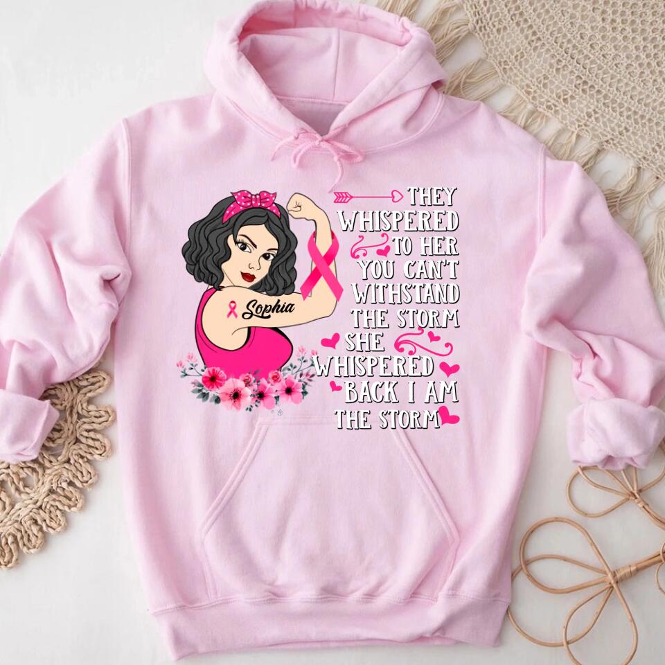 Personalized Breast Cancer Survivor Shirt They Whispered To Her You Can&#39;t Withstand The Storm T-Shirt