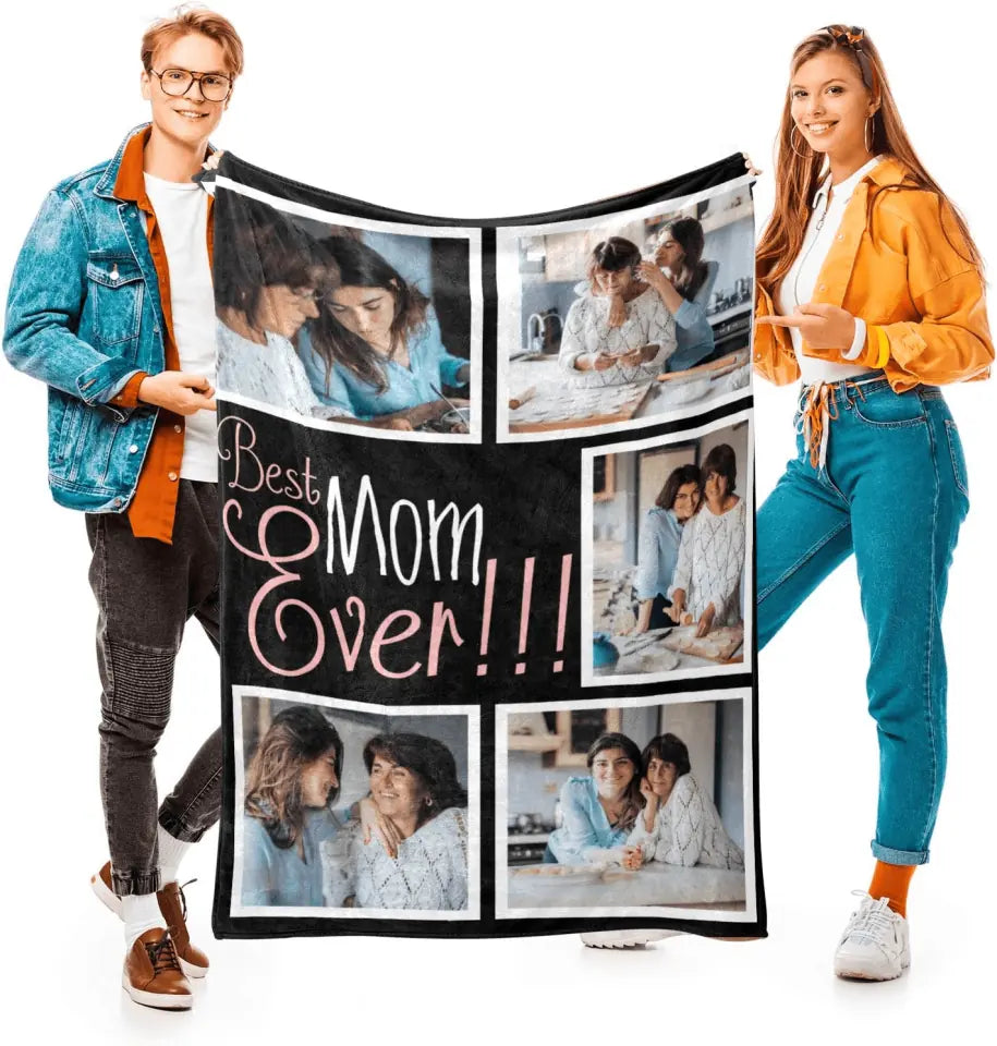 Best Mom Ever Custom Blanket with 5 Photos Personalized Picture Blanket Customized Gifts for Mom Grandma for Birthday Mother's Day Christmas