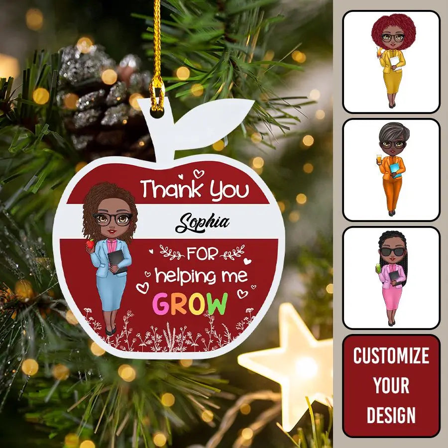 Thank You For Helping Me Grow - Personalized Apple Custom-shape 1-sided printed Plastic Ornament- Birthday, School Leaving, Appreciation Gift For Teachers - From Students