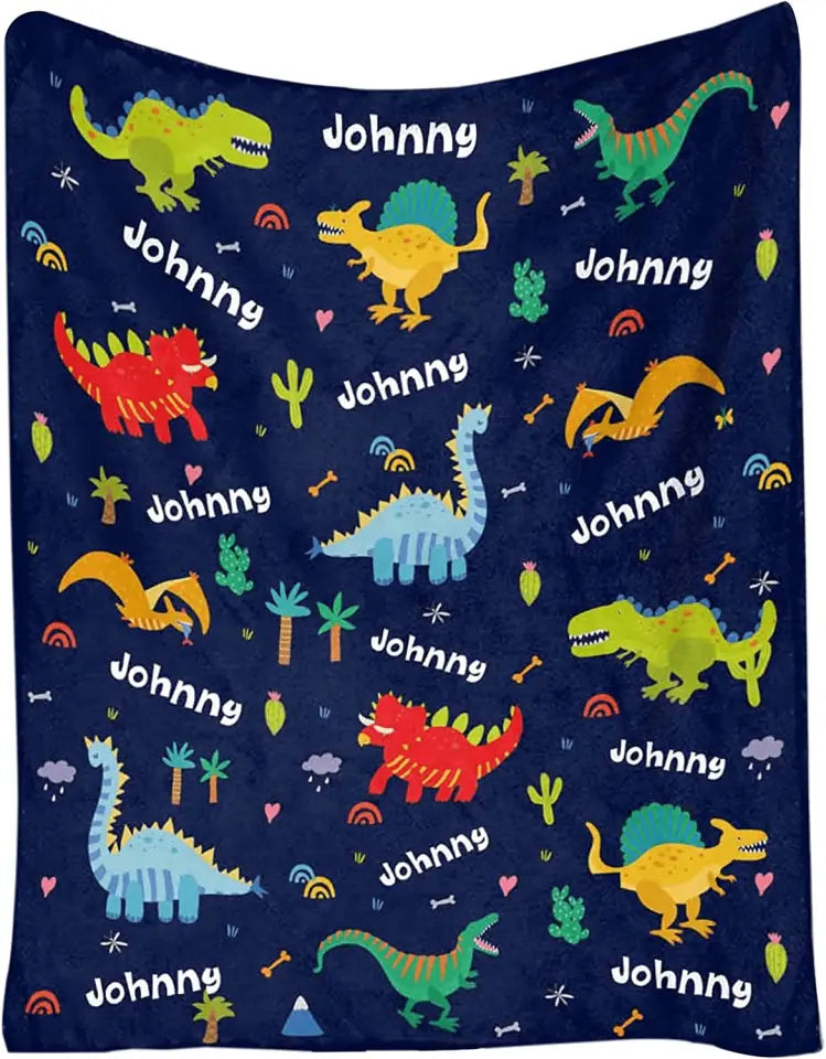 Custom Name Blankets for Baby Boys Girls - Personalized Baby Blankets with Dinosaur Design for Kids - Throw Blanket with Cute Animal
