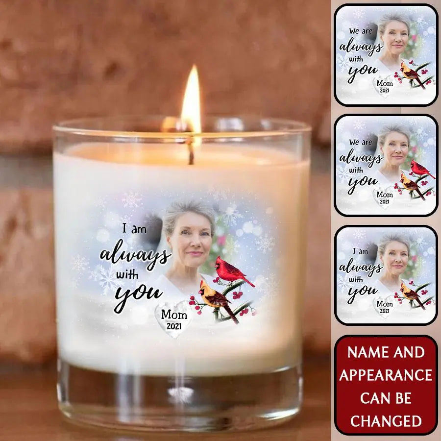 Always With You Holly Branch Cardinal Memorial Photo Personalized Memorial Candles, Memorial Candles Gifts, Mom Dad Memorial Candle