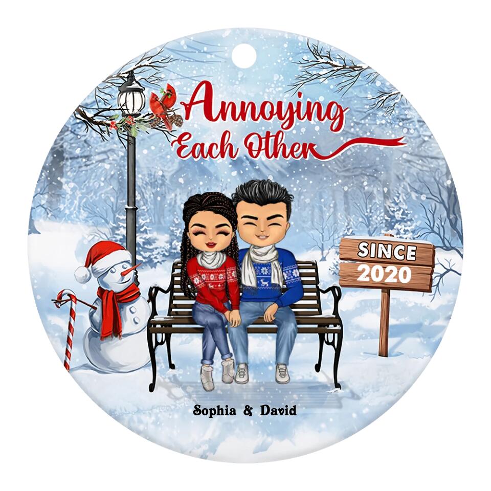 Christmas Family Couple Annoying Each Other Since, Gift For Couples , Personalized Custom Circle Ceramic Ornament