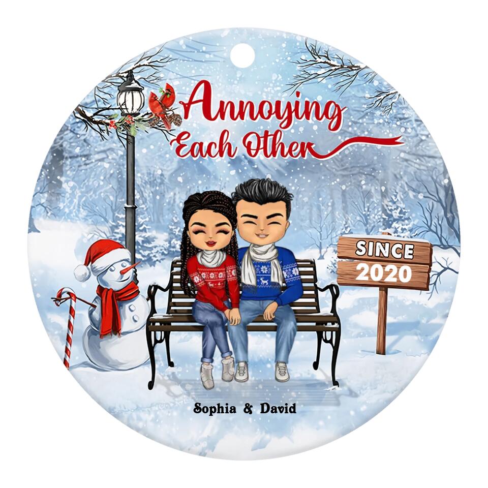 Christmas Family Couple Annoying Each Other Since, Gift For Couples , Personalized Custom Circle Ceramic Ornament