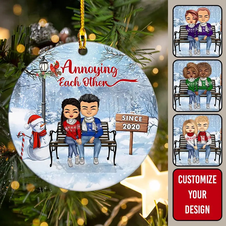 Christmas Family Couple Annoying Each Other Since, Gift For Couples , Personalized Custom Circle Ceramic Ornament