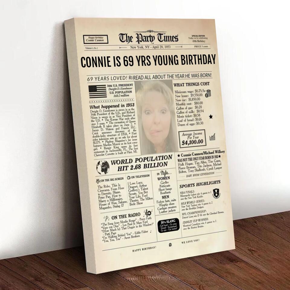 69th Birthday Newspaper Poster Sign, Back In 1953, Sweet 69th Birthday Gift For Him Or Her, Born In 1953, 69th Birthday Party Sign Printable