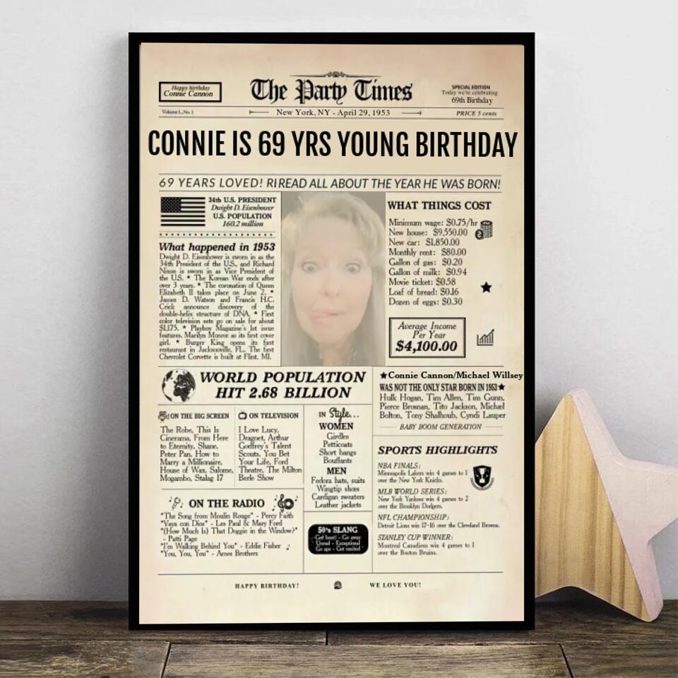 69th Birthday Newspaper Poster Sign, Back In 1953, Sweet 69th Birthday Gift For Him Or Her, Born In 1953, 69th Birthday Party Sign Printable