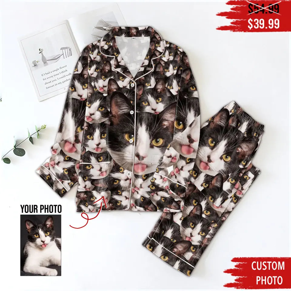 Customized Cat Photo &amp; Text Personalized Cat Shirt - Pet T-shirt custom cat shirts Personalized Upload cat photo Pajama Set