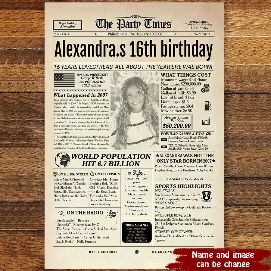 16th Birthday Newspaper Poster Sign, Back In 2007, Sweet 16th Birthday Gift For Him Or Her, Born In 2007, 16th Birthday Party Sign Printable