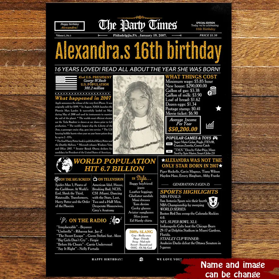 16th Birthday Newspaper Poster Sign, Back In 2007, Sweet 16th Birthday Gift For Him Or Her, Born In 2007, 16th Birthday Party Sign Printable