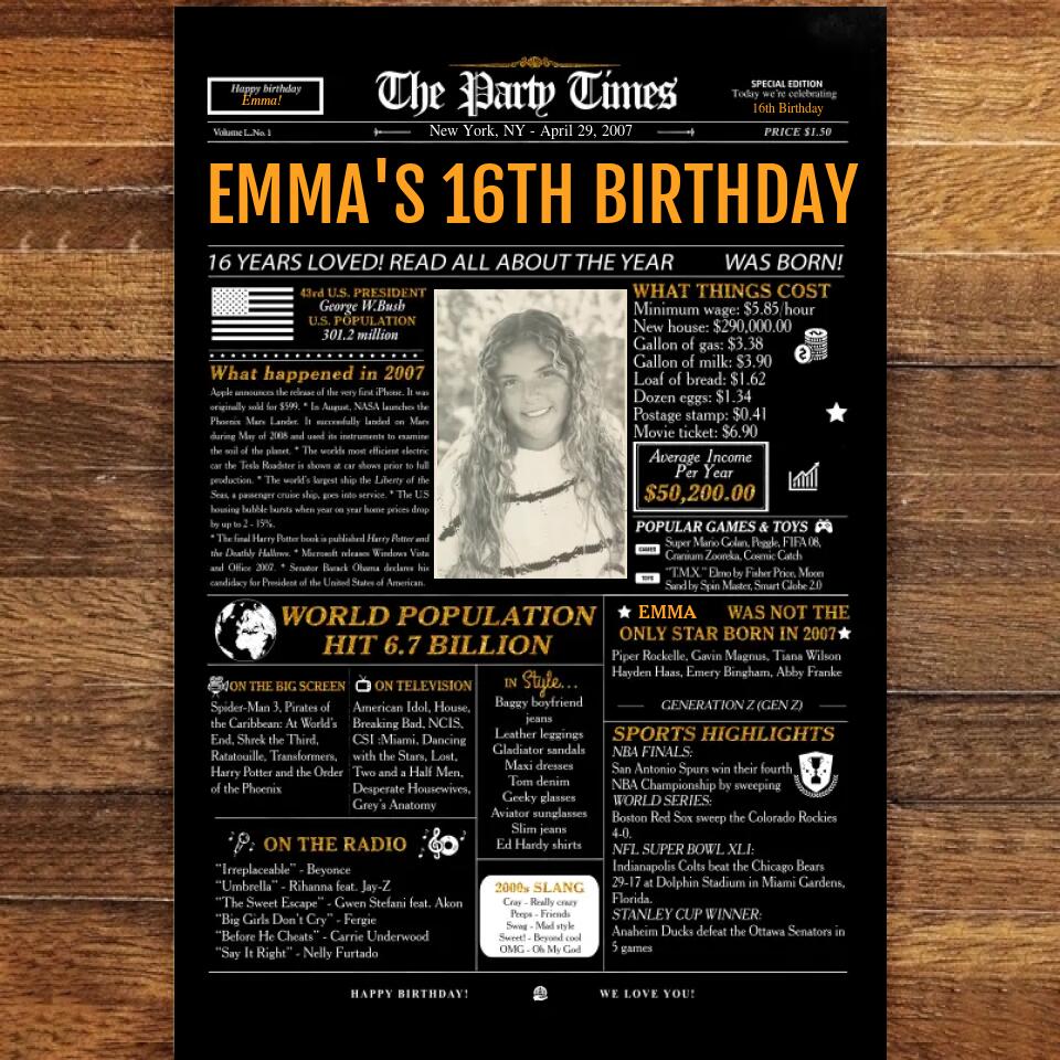 16th Birthday Newspaper Poster Sign, Back In 2007, Sweet 16th Birthday Gift For Him Or Her, Born In 2007, 16th Birthday Party Sign Printable