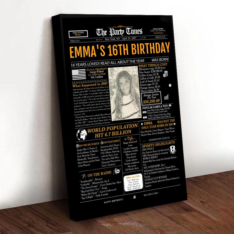 16th Birthday Newspaper Poster Sign, Back In 2007, Sweet 16th Birthday Gift For Him Or Her, Born In 2007, 16th Birthday Party Sign Printable