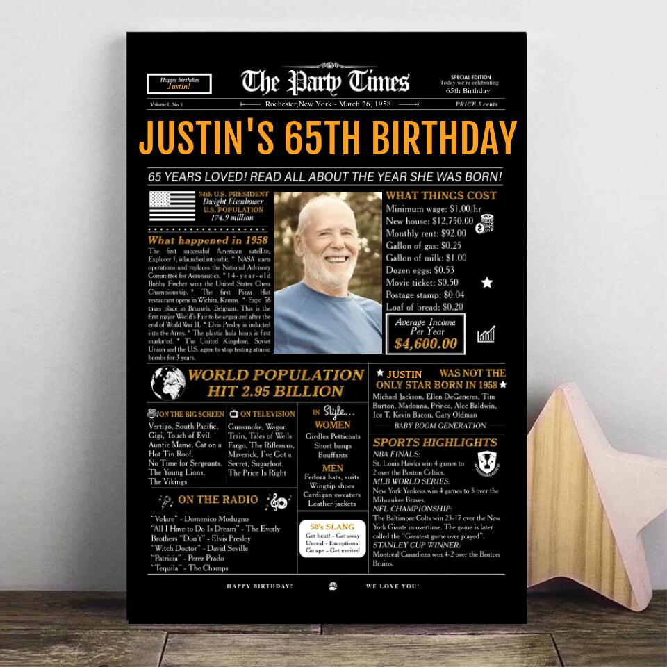 Personalized 65th birthday gift for men or women, 65th birthday newspaper poster, 65th birthday decor Printable, 65 years ago back in 1958