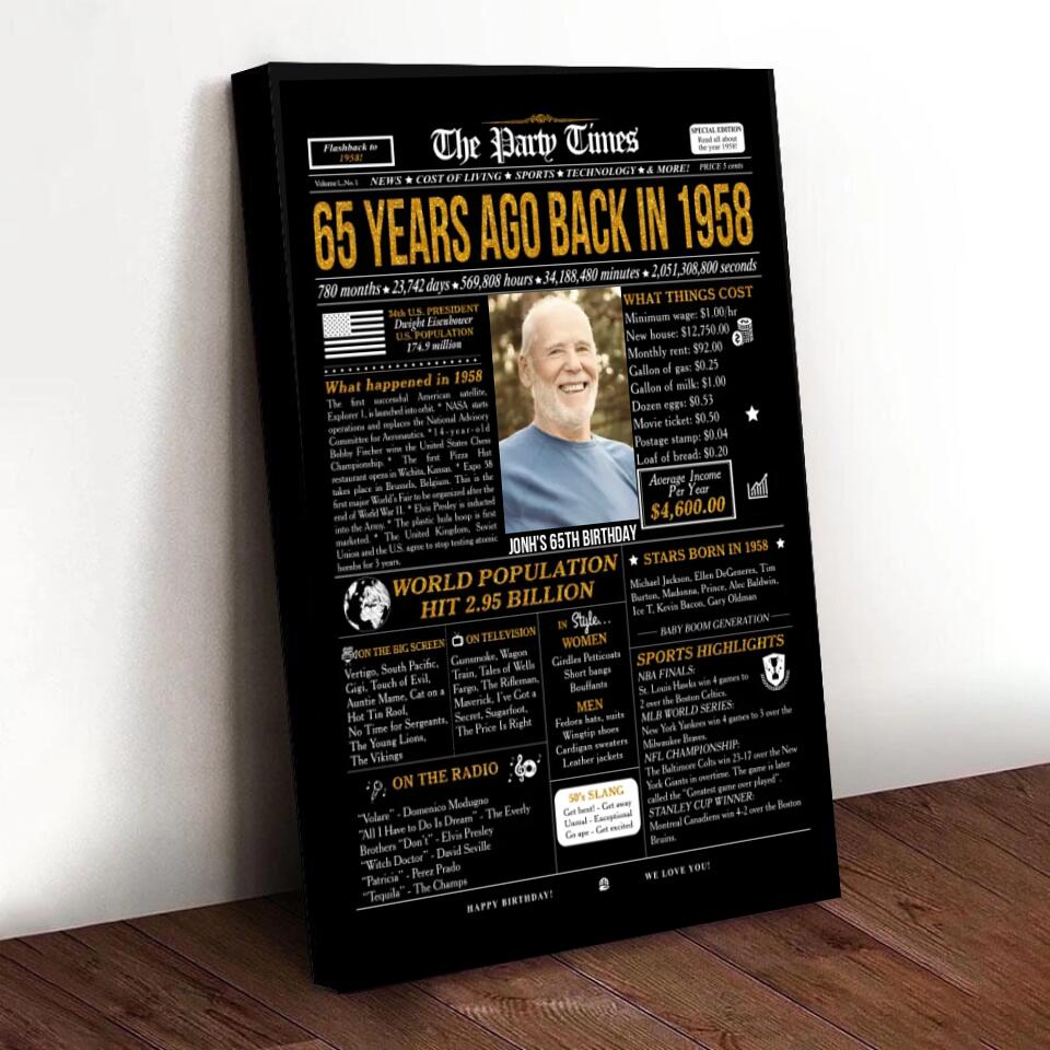 Personalized 65th birthday gift for men or women, 65th birthday newspaper poster, 65th birthday decor Printable, 65 years ago back in 1958
