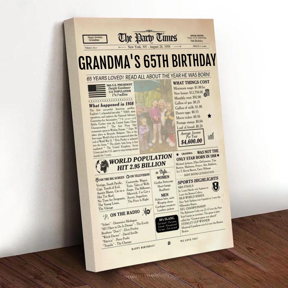 Custom 65th Birthday Gift Ideas Back in 1958 Birthday Newspaper Poster Canvas Turning 65 Birthday Party Decorations