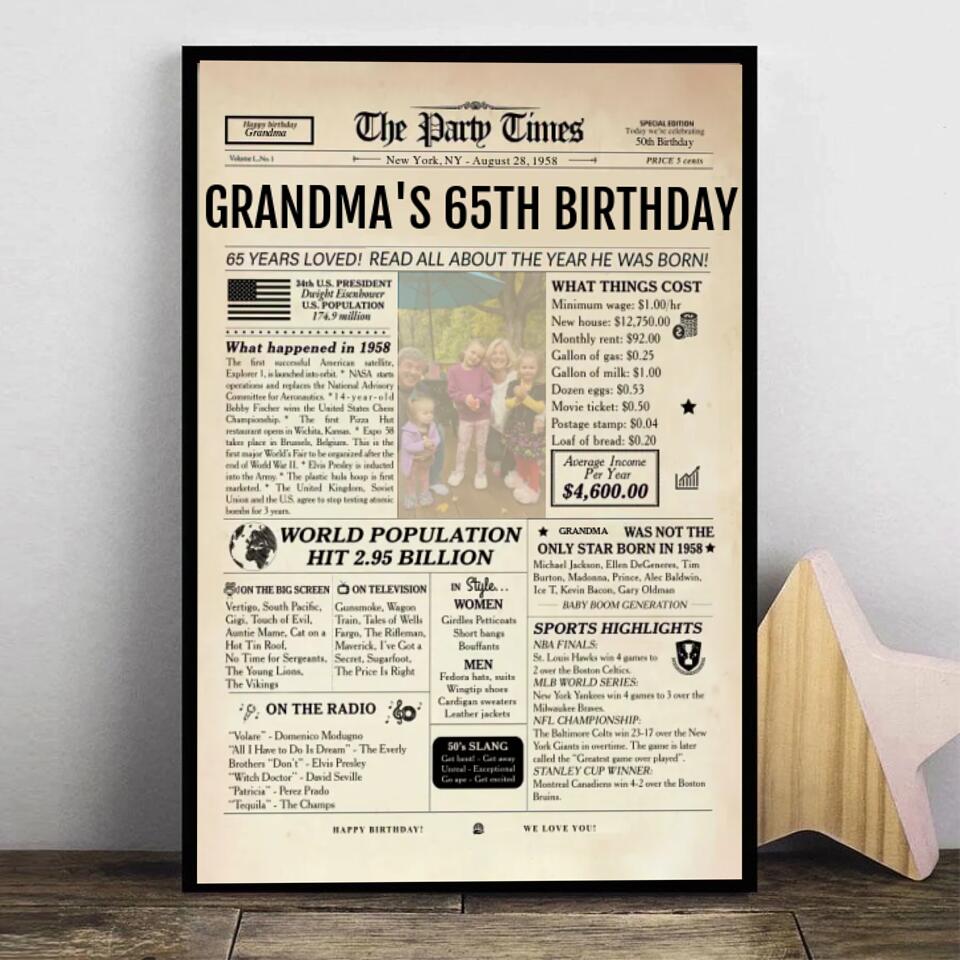 Custom 65th Birthday Gift Ideas Back in 1958 Birthday Newspaper Poster Canvas Turning 65 Birthday Party Decorations