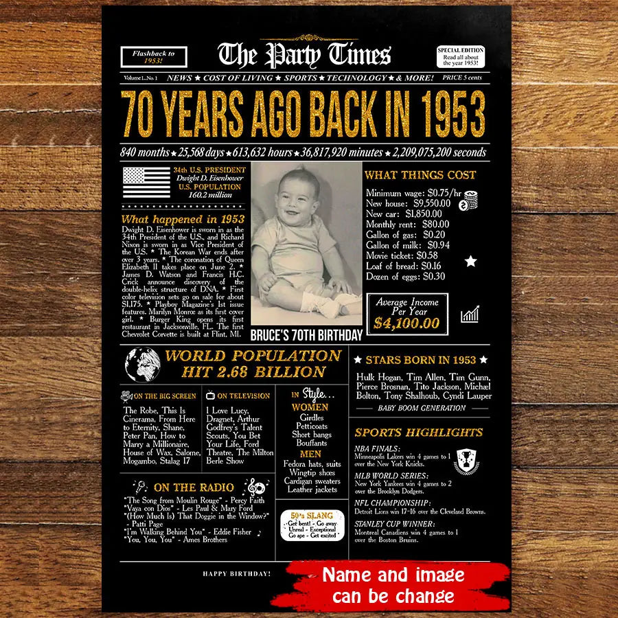 Personalized 70th birthday gift for men or women, 70th birthday newspaper poster, 70th birthday decor Printable, 70 years ago back in 1953
