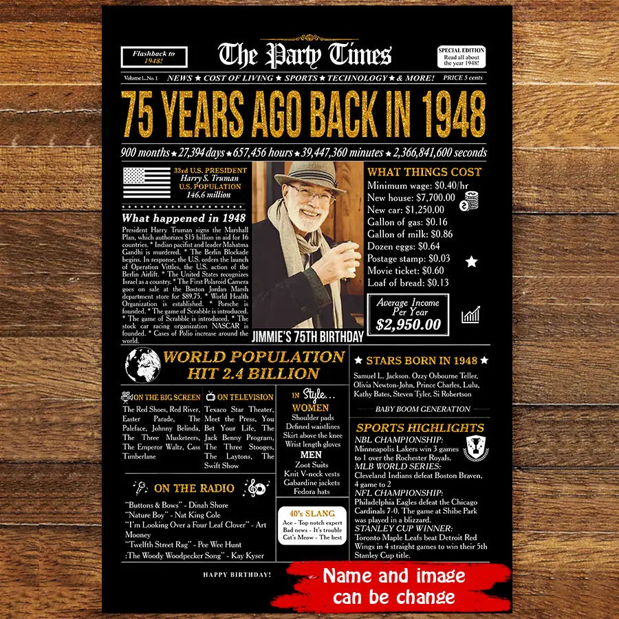 Personalized 75th birthday gift for men or women, 75th birthday newspaper poster, 75th birthday decor Printable, 75 years ago back in 1948