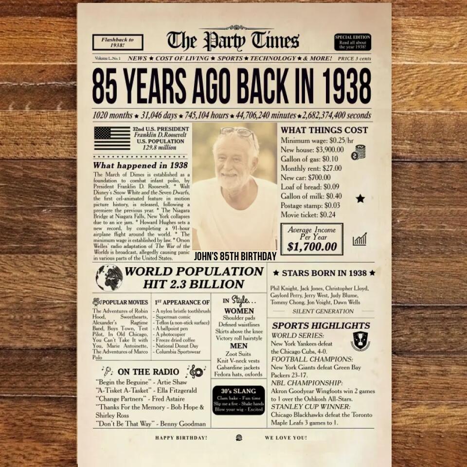 Personalized 85th Birthday Gift 85th Birthday Newspaper Poster Canvas 85th Birthday Decor Printable 85 Years Ago Back In 1938