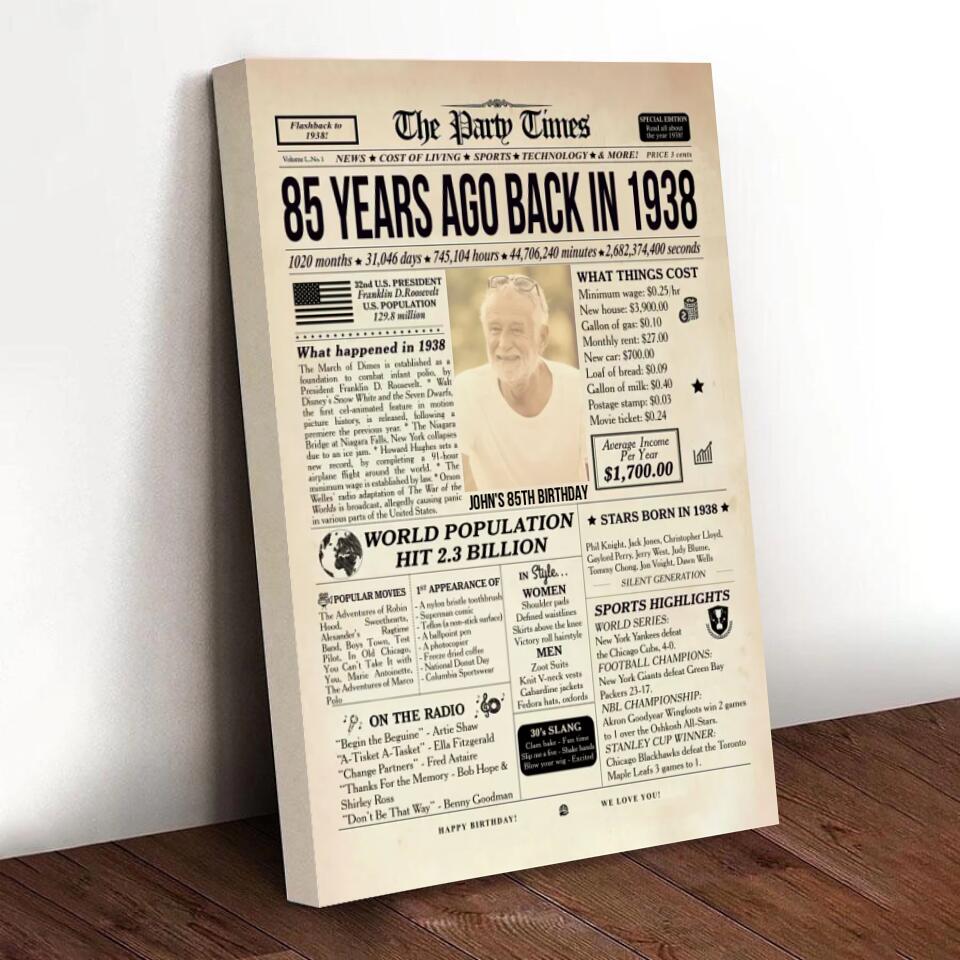 Personalized 85th Birthday Gift 85th Birthday Newspaper Poster Canvas 85th Birthday Decor Printable 85 Years Ago Back In 1938