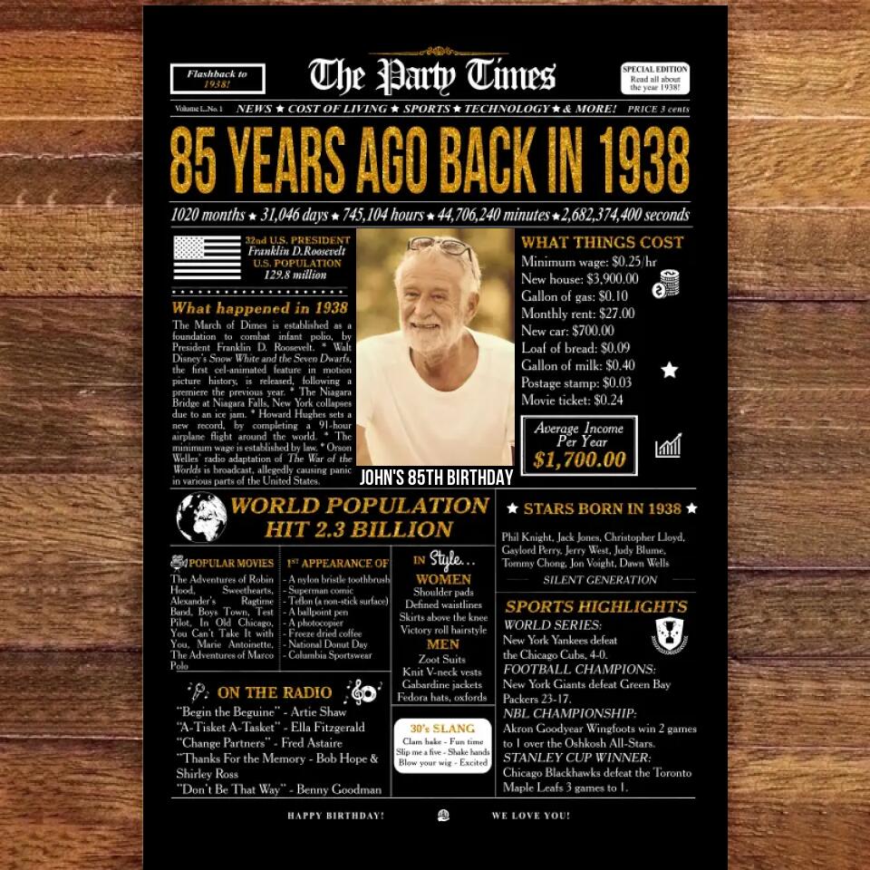 Custom 85th Birthday Gift Ideas Back in 1938 Birthday Newspaper Poster Canvas Turning 85 Birthday Party Decorations