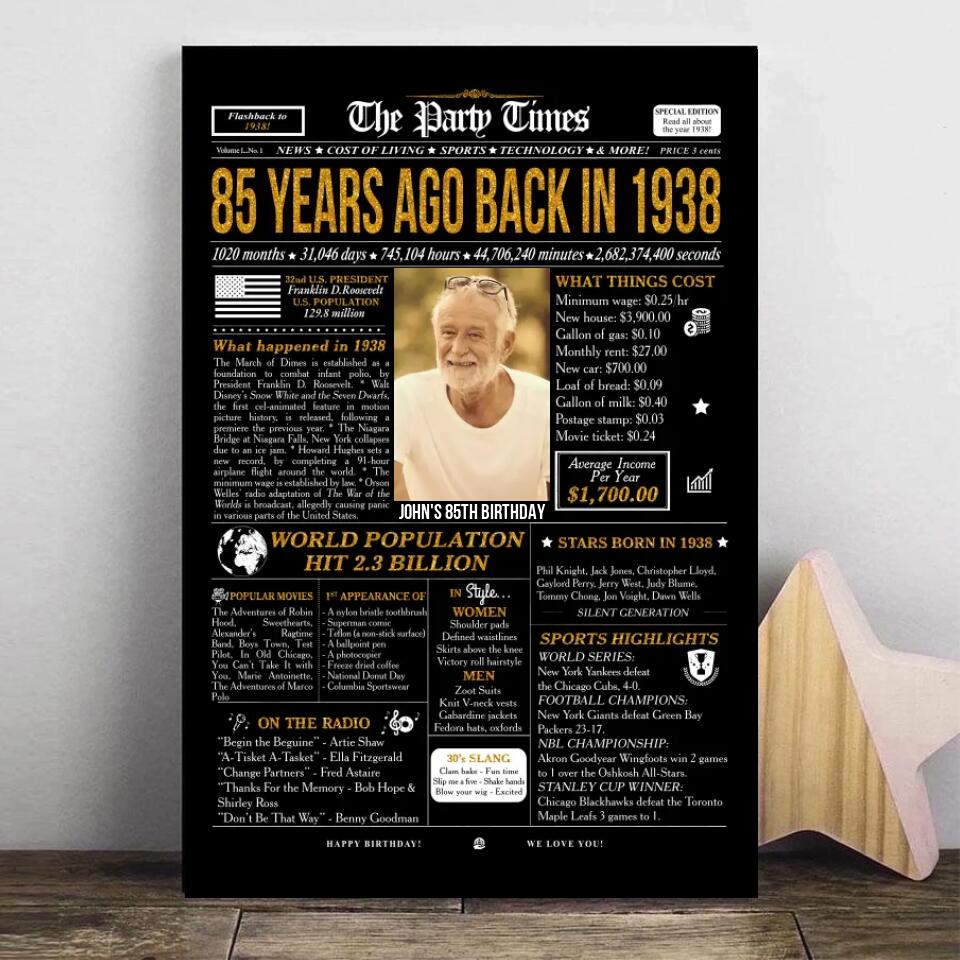 Custom 85th Birthday Gift Ideas Back in 1938 Birthday Newspaper Poster Canvas Turning 85 Birthday Party Decorations