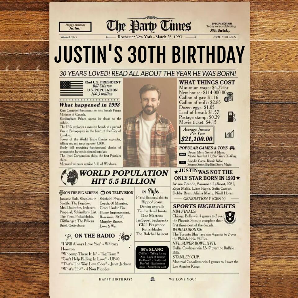 Personalized 30th Birthday Gift 30th Birthday Newspaper Poster Canvas 30th Birthday Decor Printable 30 Years Ago Back In 1993