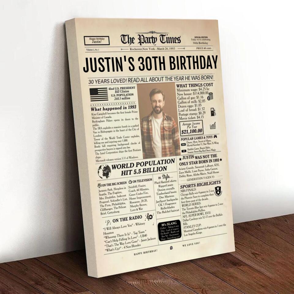 Personalized 30th Birthday Gift 30th Birthday Newspaper Poster Canvas 30th Birthday Decor Printable 30 Years Ago Back In 1993