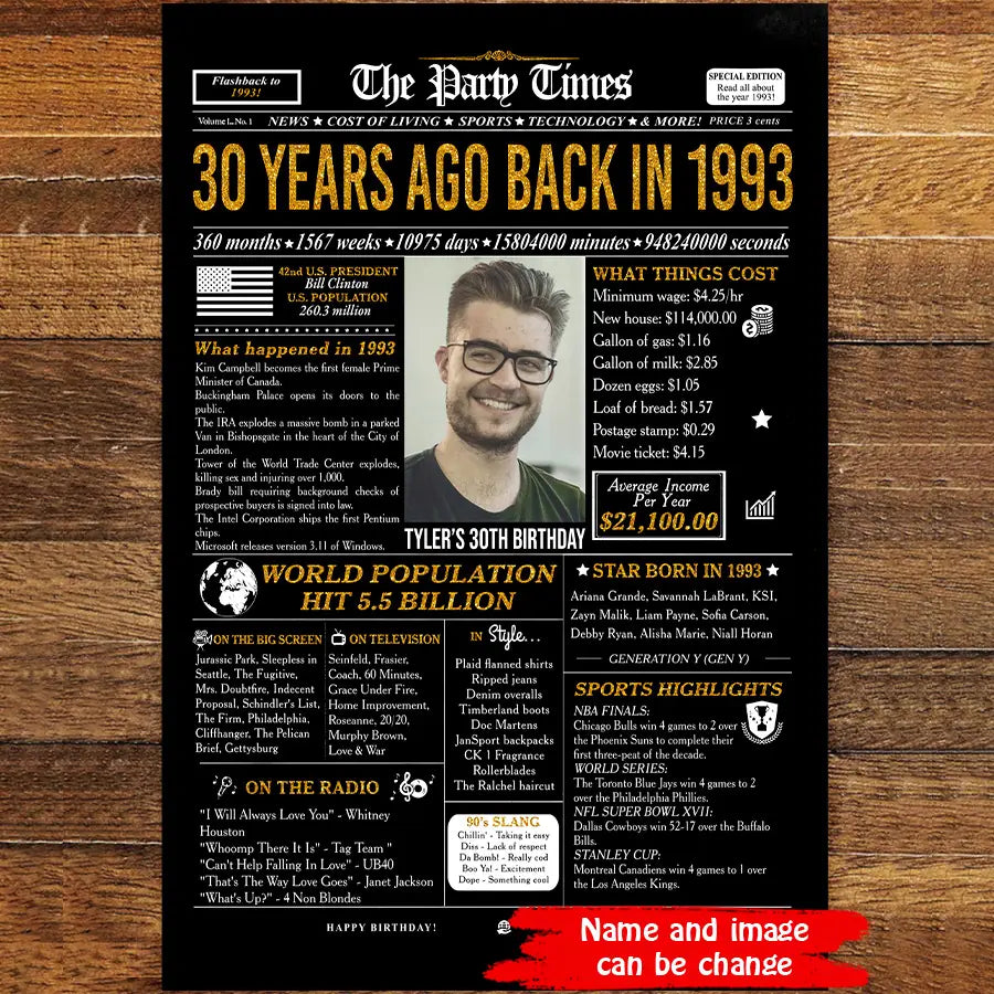 Personalized 30th birthday gift for men or women, 30th birthday newspaper poster, 30th birthday decor Printable, 30 years ago back in 1993