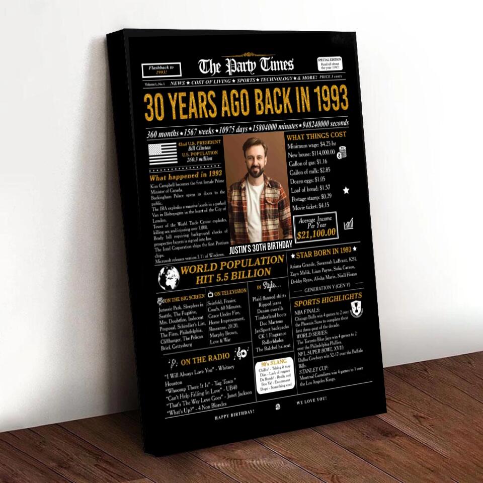 Personalized 30th birthday gift for men or women, 30th birthday newspaper poster, 30th birthday decor Printable, 30 years ago back in 1993