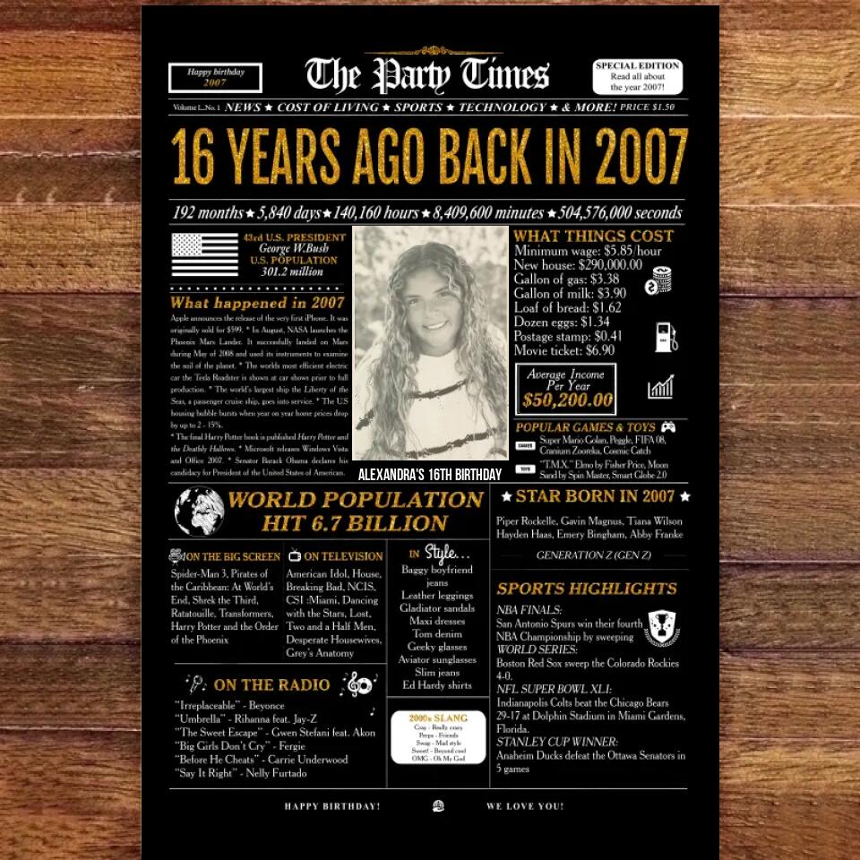 Custom 16th Birthday Gift Ideas Back in 2007 Birthday Newspaper Poster Canvas Turning 16 Birthday Party Decorations