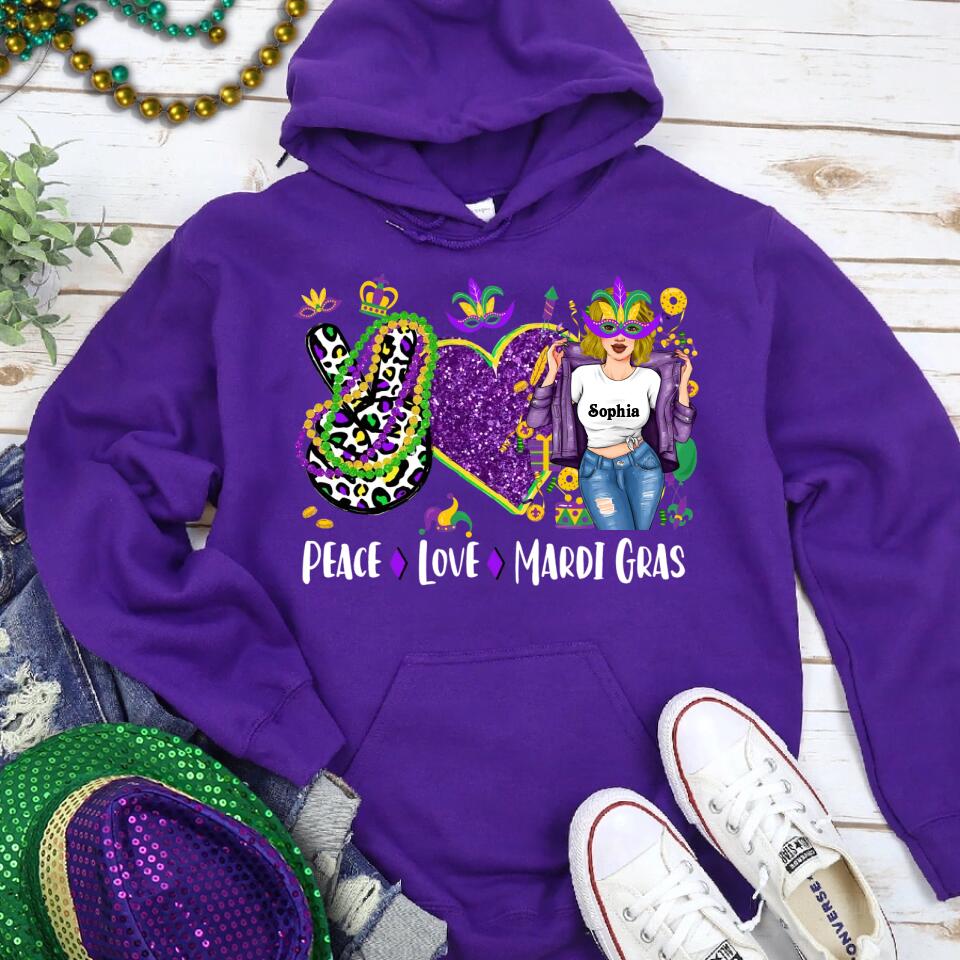 Peace Love Mardi Gras Shirt, Mardi Gras Shirt, Peace Shirt, Mardi Gras Gifts, Custom Mardi Gras Shirt, Mardi Gras Carnival Shirt